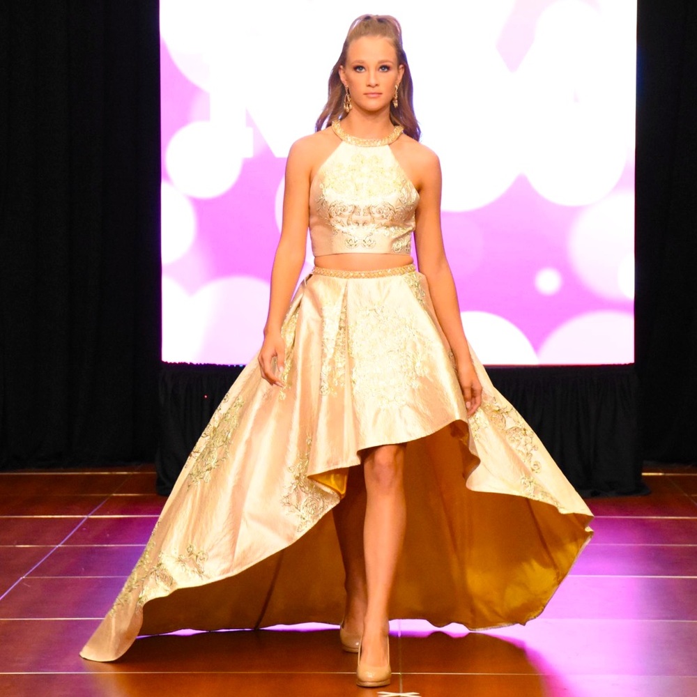 Elegant Gold Custom 2 piece high low prom formal